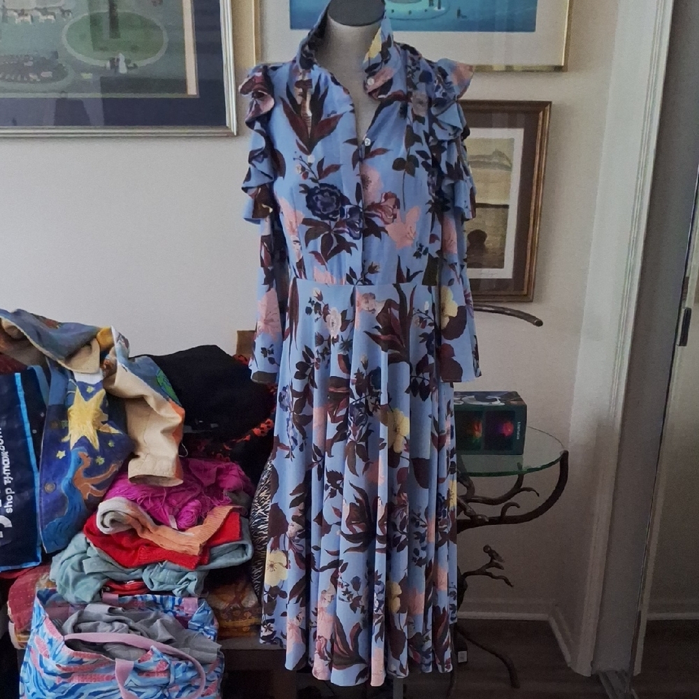 VIVETTA ITALY Floral Ruffle-Sleeve Midi Dress in Light Blue